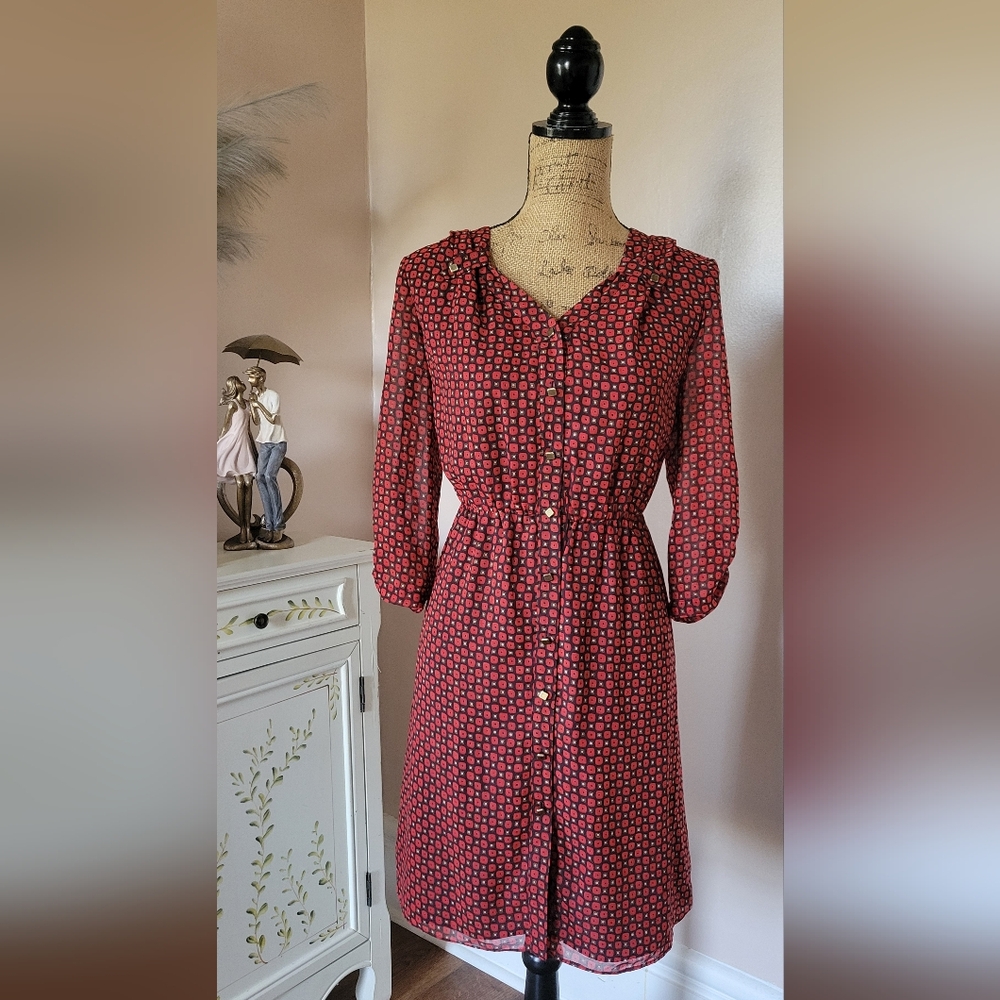 ANTONIO MELANI Red and Black Geometric Long Sleeve Dress